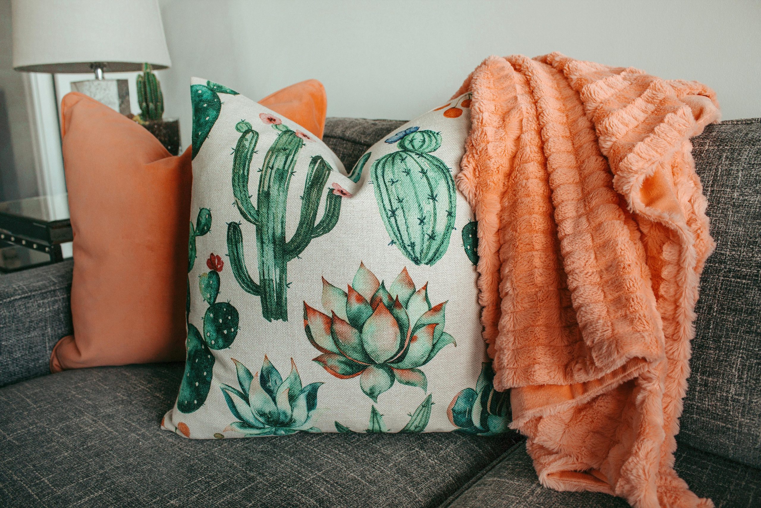 Elegant interior decor featuring cactus-themed pillows and a cozy blanket on a modern couch.